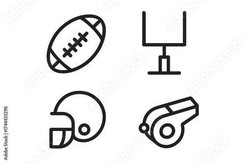 Minimalist football icons set featuring ball, helmet, goalpost, and whistle