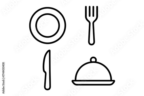 Minimalist dining icons set featuring plate, fork, knife, and covered dish