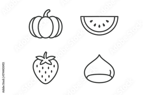 Line art of pumpkin, watermelon, strawberry, and chestnut icons