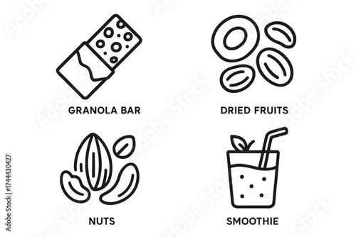 Granola bar, dried fruits, nuts, smoothie vector icons illustration