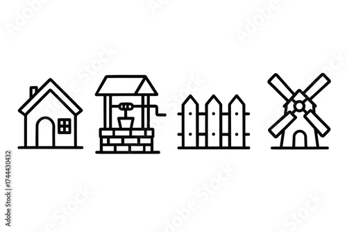 Outlined icon set of house, water well, fence, and windmill
