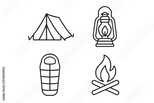 Camping essentials: tent, oil lantern, sleeping bag, campfire icon set