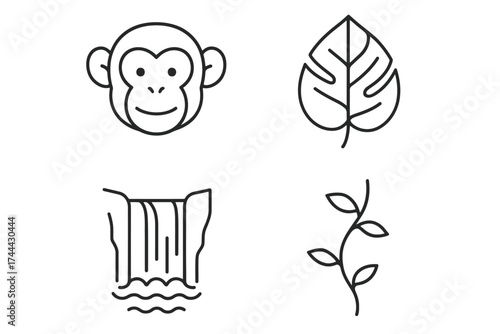 Minimalist nature icons: monkey, leaf, waterfall, vine