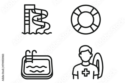 Line art icons: water slide, life buoy, swimming pool, lifeguard