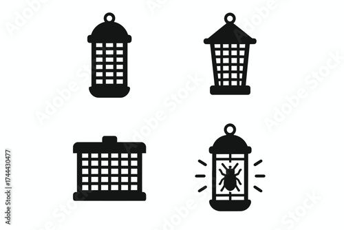 Set of four black insect traps with blue grids and bug silhouette