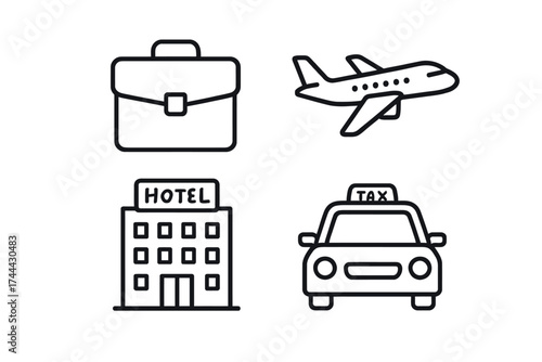Business travel essentials: briefcase, airplane, hotel, taxi icons
