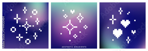 Abstract aurora starry sky gradient background with pixel sparkles, stars. Polar night. Dark blue, purple color gradations. Northern lights colorful bg. Majestic vector gradients for winter designs