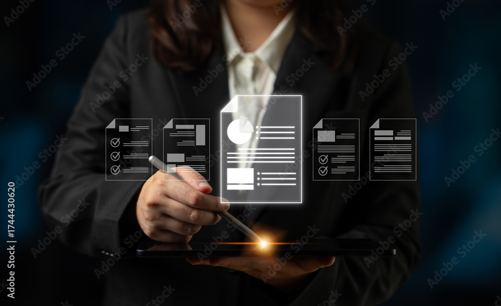 Naklejka premium Cloud-based document systems improve access, security, and workflow, enabling paperless, productive online file and document management. Latch