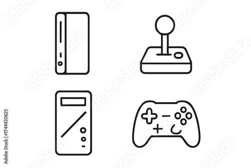 Minimalist icons of gaming console, joystick, game controller, and walkie talkie