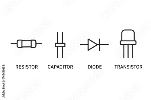 Electronic components symbols: resistor, capacitor, diode, transistor