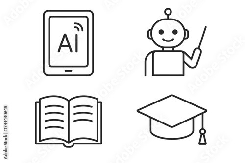 Ai technology education: tablet, robot instructor, open book, graduation cap icons