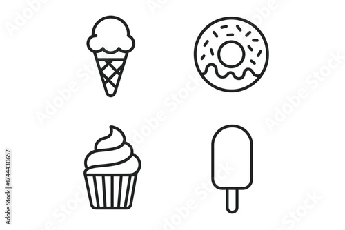 Ice cream, donut, cupcake, and popsicle line art icons