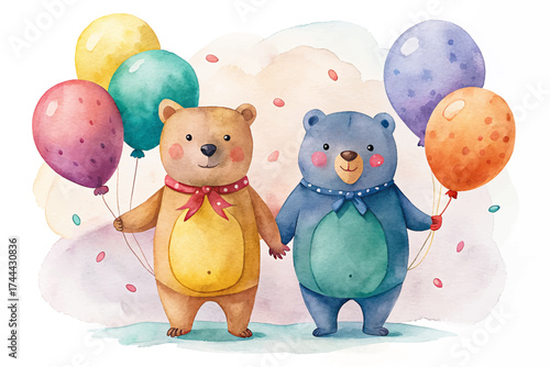 cute watercolor illustration of a teddy bear holding colorful balloons. Perfect for baby shower cards, birthday invitations, kids’ room posters, nursery wall art, and adorable celebration design