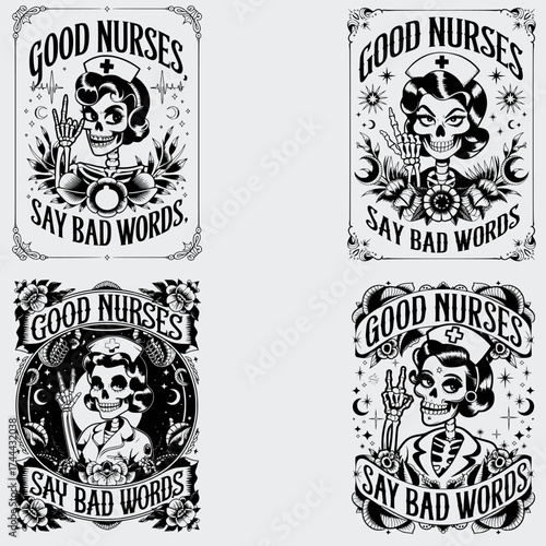 Good Nurses Say Bad Words Nurse Quotes SVG Bundle, Nurse Gift Shirt SVG, Skeleton SVG, Profession SVG, Flower SVG, Nurse Gift T-shirt Design, SVG Cut File For Cricut, Silhouette, Vector
