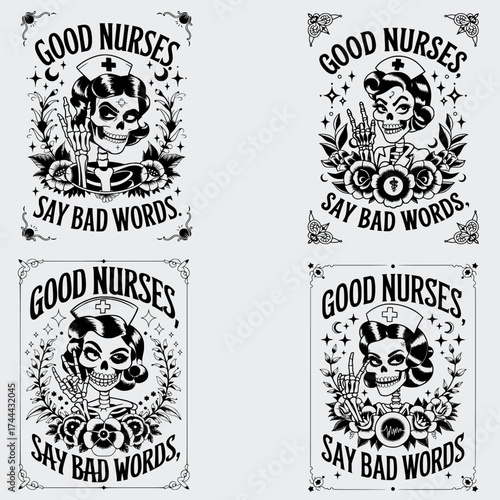 Good Nurses Say Bad Words Nurse Quotes SVG Bundle, Nurse Gift Shirt SVG, Skeleton SVG, Profession SVG, Flower SVG, Nurse Gift T-shirt Design, SVG Cut File For Cricut, Silhouette, Vector