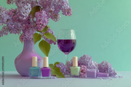 Still life with lilac flowers and colorful nail polish