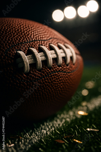 Close macro of leather American football with confetti on turf — championship night energy