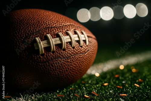 Close macro of leather American football with confetti on turf — championship night energy