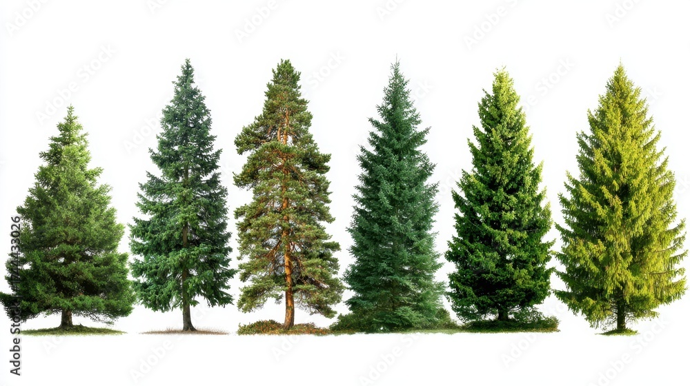 Obraz premium A row of trees with different shades of green. The trees are lined up next to each other, creating a sense of order and harmony. The varying shades of green give the image a natural and peaceful feel