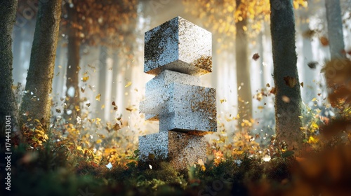 Cubic chronicles of november in the heart of the woods. Clean retouch. November's cubic formation immersed in a dense autumn forest. Premium quality. Concept art.