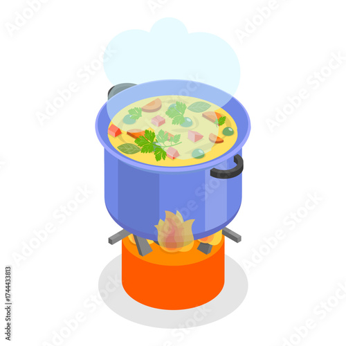 3D Isometric Flat Vector Set of Field Kitchen Elements, Cooking Food On Camp Stoves. Item 3