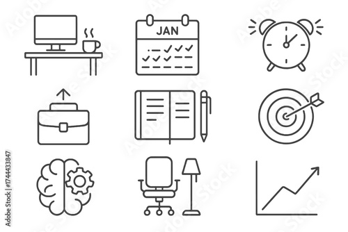 Set of 9 thin line editable icons for back-to-work and new year routines, including calendars, planners, goals, and productivity tools.