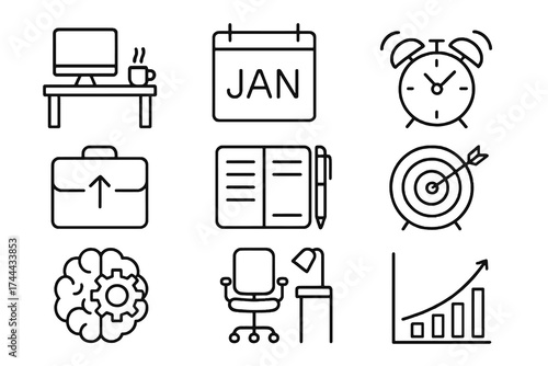 Collection of 9 linear icons about peace, optimism, and transitions, featuring candles, sprouts, and inspirational seasonal imagery.
