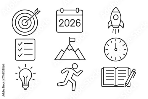 Collection of 9 linear icons about ambition and planning for 2026, featuring mountains, clocks, light bulbs, and personal growth symbols.