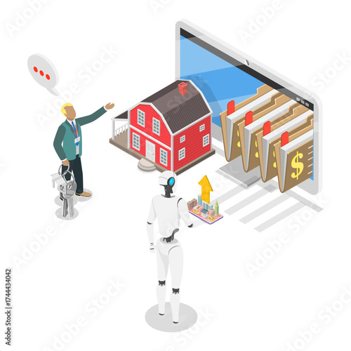 3D Isometric Flat Vector Illustration of AI In Real Estate, AI-Assisted Home Buying. Item 1