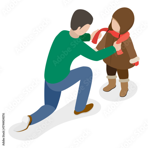 3D Isometric Flat Vector Set of Children Putting Clothes, Dressing Up. Item 5