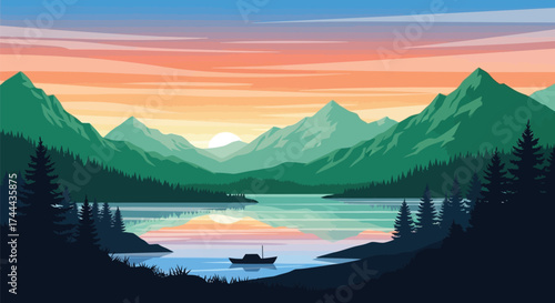 sunset on the lake and mountains