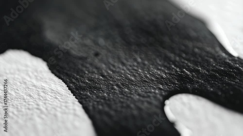 Black ink slowly spreading across textured white paper. A macro close-up of a liquid spill creating an abstract background