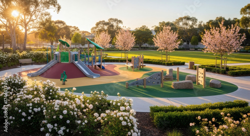 Inclusive playground integrated into public park with adaptive slides, ramps, and tactile play panels, surrounded by flowering shrubs, small ornamental trees, and trimmed hedges