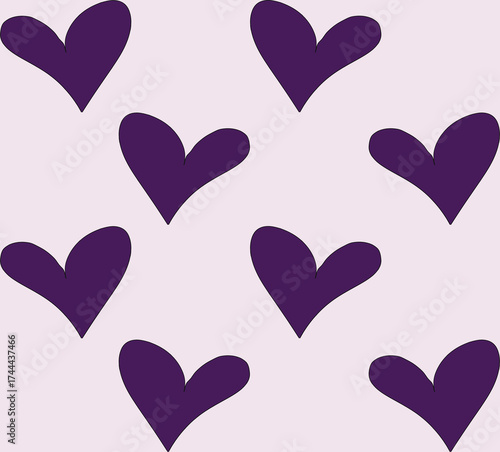 Seamless purple heart pattern on light pink background, cute romantic wallpaper design