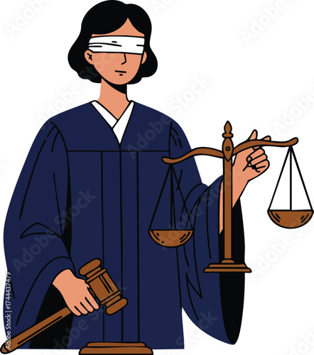 Blindfolded female judge holding scales of justice and gavel wearing blue robe vector illustration 