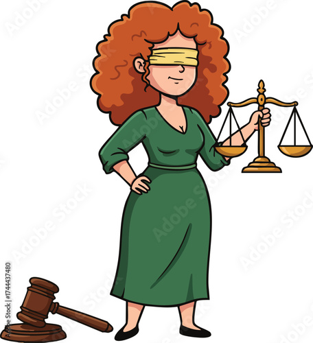 Woman holding justice scales wearing green dress blindfolded with gavel symbolizing law and fairness vector illustration 