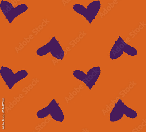 Seamless purple brush hearts on orange background, bold modern romantic pattern