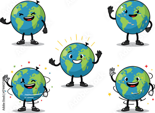 Cartoon Earth character, smiling globe mascot, happy planet illustration, cute world design, cheerful Earth art, playful global icon, environmental friendly drawing