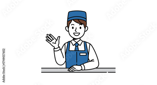 Friendly service professional waving hello with a warm smile, ready to assist your customers.