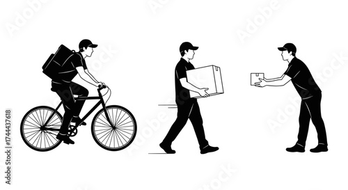 Dynamic delivery person cycling, carrying, and handing off packages efficiently for fast service.