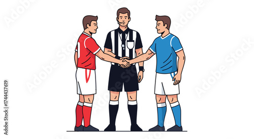 Fair play handshake between rival soccer players and referee before match begins
