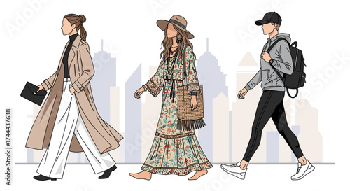 Diverse women showcasing stylish urban street fashion, confident stride, modern city backdrop