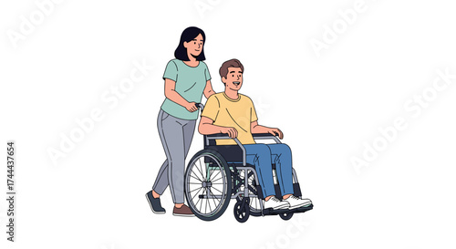 Caring companion gently pushing person in wheelchair promoting independence and support outdoors