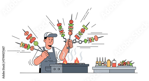 Skilled chef expertly grills vibrant vegetable and meat skewers over open flames at outdoor event