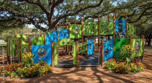 a creative adaptive play structure, wood and metal panels painted green and blue, inclusive playground at the park