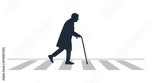 Elderly person with cane confidently crossing busy street at crosswalk