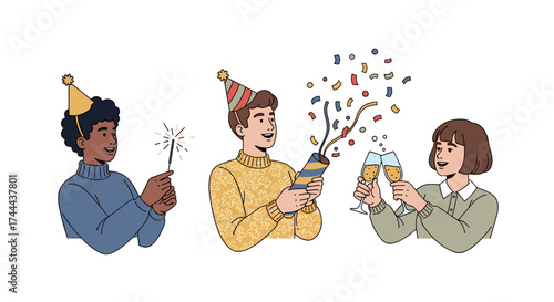 Joyful friends celebrating with sparklers confetti and champagne toast for a festive occasion