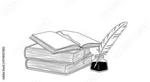 Vintage quill pen writes on open book beside inkwell, celebrating knowledge and classic literature.