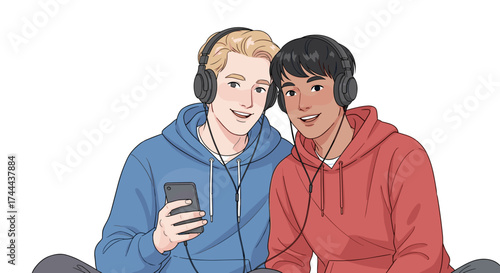 Young men sharing headphones enjoying music together on smartphone, modern connection
