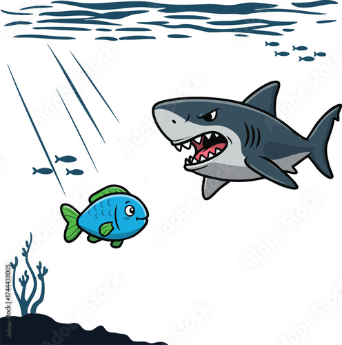 Shark chasing small fish underwater with seaweed and ocean surface vector illustration 